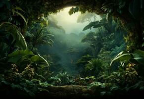 Ai Generative Beautiful jungle background with border made of tropical leaves backdrop with copy space photo