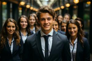 Ai Generative group of happy business man and business women, dressed in suits are smiling, in the office photo