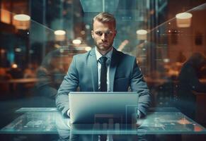 Ai generative double exposure photo of a business man using laptop on his desk front view office background realistic image, ultra hd, high design very detailed