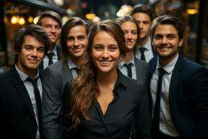 Ai Generative group of happy business man and business women, dressed in suits are smiling, in the office photo