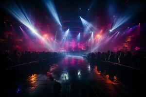 Ai generative Crowded Concert Stage Scenery With Spotlights and Colored Lights realistic image, ultra hd photo