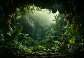 Ai Generative Beautiful jungle background with border made of tropical leaves backdrop with copy space photo