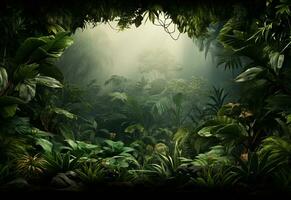 Ai Generative Beautiful jungle background with border made of tropical leaves backdrop with copy space photo