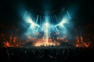 Ai generative Crowded Concert Stage Scenery With Spotlights and Colored Lights realistic image, ultra hd photo