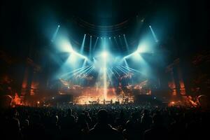 Ai generative Crowded Concert Stage Scenery With Spotlights and Colored Lights realistic image, ultra hd photo