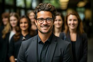 ai generativo grupo de contento negocio hombre y negocio mujer, vestido en trajes son sonriente, en el oficina foto