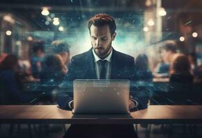 Ai generative double exposure photo of a business man using laptop on his desk front view office background realistic image, ultra hd, high design very detailed
