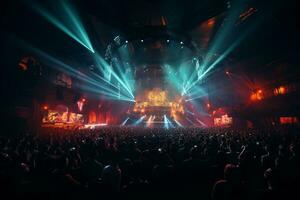 Ai generative Crowded Concert Stage Scenery With Spotlights and Colored Lights realistic image, ultra hd photo