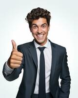 Ai generative photo business concept portrait of excited man dressed in formal wear giving thumbs up