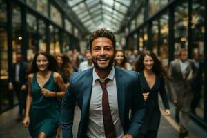 Ai Generative group of happy business man and business women, dressed in suits are smiling, in the office photo