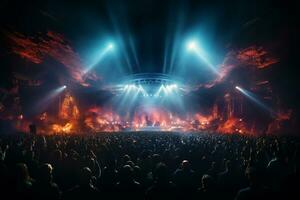 Ai generative Crowded Concert Stage Scenery With Spotlights and Colored Lights realistic image, ultra hd photo