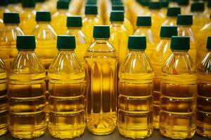 A pattern of vegetable oil bottles in a warehouse or food store backdrop AI Generated photo