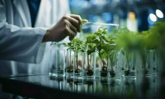 científico investigación se entrelaza con naturaleza como científicos estudiar verde plantas en el laboratorio ai generado foto