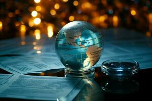 Glass globe set against toned financial reports and intricate graphs AI Generated photo