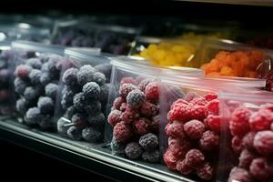 Grocery store shelf lined with plastic bags of frosty, delicious frozen berries AI Generated photo