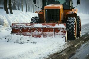 Road snow removal Tractor and excavator combine efforts to clear streets effectively. AI Generated photo