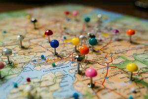 Detailed close up showcases a vibrant array of map marking colorful pins AI Generated photo