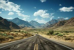 Ai generative Photo Road Clear Sky Desert Mountains Landscape realistic image, ultra hd, high design very detailed