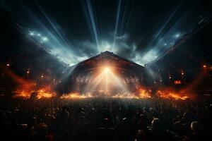 Ai generative Crowded Concert Stage Scenery With Spotlights and Colored Lights realistic image, ultra hd photo