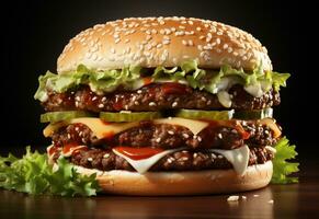 ai generativo doble hamburguesa aislado en blanco antecedentes Fresco hamburguesa rápido comida con carne de vaca y crema queso realista imagen, ultra alta definición, alto diseño muy detallado foto