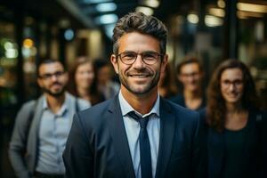 ai generativo grupo de contento negocio hombre y negocio mujer, vestido en trajes son sonriente, en el oficina foto