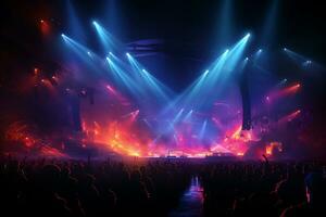 Ai generative Crowded Concert Stage Scenery With Spotlights and Colored Lights realistic image, ultra hd photo