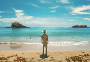 Ai generative back view young tourist man in summer dress and hat standing on beautiful sandy beach. enjoying. photo