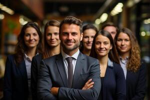 Ai Generative group of happy business man and business women, dressed in suits are smiling, in the office photo
