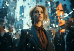 Ai generative Double Exposure of a Business women in the Cityscape Embodies Success and Future Plans realistic photo