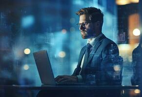 Ai generative double exposure photo of a business man using laptop on his desk front view office background realistic image, ultra hd, high design very detailed