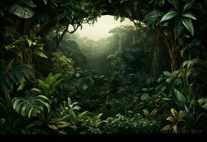 Ai Generative Beautiful jungle background with border made of tropical leaves backdrop with copy space photo