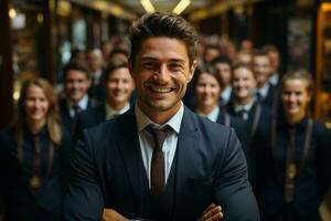 Ai Generative group of happy business man and business women, dressed in suits are smiling, in the office photo