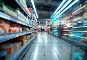 Ai generative Blurry shopping shelves in supermarkets and department stores realistic image ultra hd high design photo