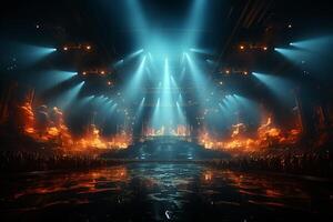 Ai generative Crowded Concert Stage Scenery With Spotlights and Colored Lights realistic image, ultra hd photo