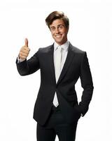 Ai generative photo business concept portrait of excited man dressed in formal wear giving thumbs up