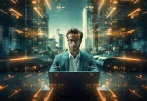 Ai generative double exposure photo of a business man using laptop on his desk front view office background realistic image, ultra hd, high design very detailed