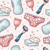 Vector seamless pattern with doodle female icons. Intimate hygiene of girls, soap, sanitary pads, menstrual cup, panties.