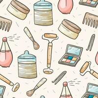 Vector seamless doodle pattern with beauty products and accessories. Products for face care and make up.