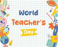 Happy Teacher's Day vector Illustration with school equipment such as notebooks, pencils, bags, books and others in flat cartoon background.