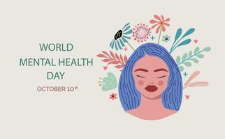 World mental health day illustration. Illustration of female head with flowers hand drawn. vector