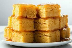 Golden blondies, sweet and buttery, on a clean, bright white background AI Generated photo