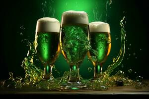 Green beer pours into glasses, creating a lively splash of foam and bubbles AI Generated photo