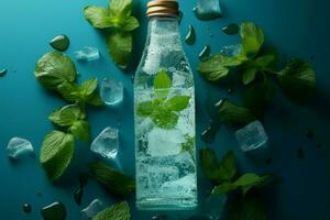 Cold water bottle, frosted with ice cubes, embellished with mint leaves AI Generated photo