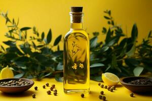 Vibrant yellow backdrop complements a bottle of olive oil with aromatic spices AI Generated photo