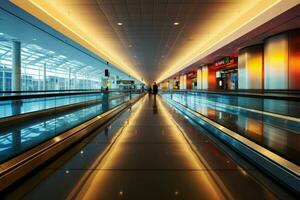 Derecho línea perspectiva capturas el difuminar de viajeros en dos Moviente pasarelas a el aeropuerto ai generado foto