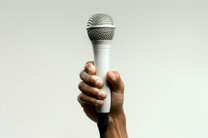 An isolated white space features a raised hand gripping a microphone. AI Generated photo
