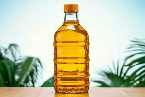 Isolated on white a pristine bottle filled with rich and golden palm oil AI Generated photo