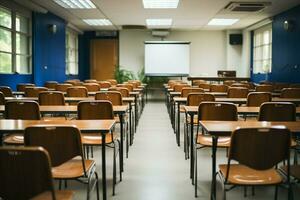 Thai classroom lecture delivered amidst chairs and tables, fostering educational environment AI Generated photo