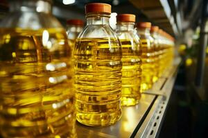 Sunflower and vegetable oil bottles on a production line against factory equipment AI Generated photo