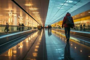 Blurred airport hustle people traverse two moving walkways in a straight view AI Generated photo